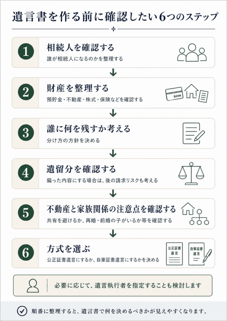 遺言作成前に確認すべき事項を示しています。