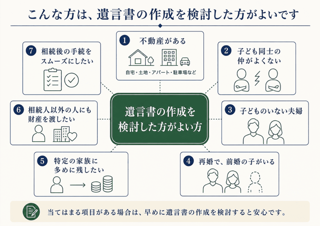 遺言の作成を検討した方がよい場合を示しています。