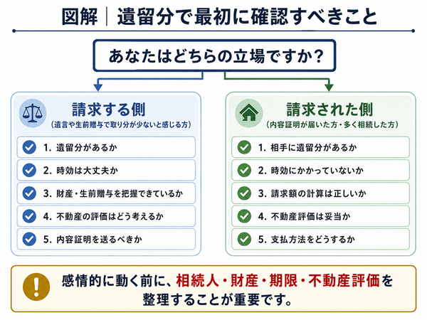 遺留分を請求する側か、される側でまずすべきことを明らかにしています。